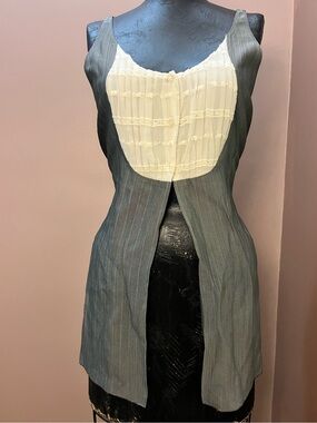 Rare Emporio Armani Lace Bib Pinstripe Tunic Cutout Blouse Tie Back Size Small